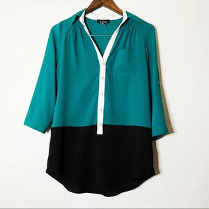 Colorblock Top Tunic Style Blouse Button Shirt Size Large Green Black 3/4 Sleeve